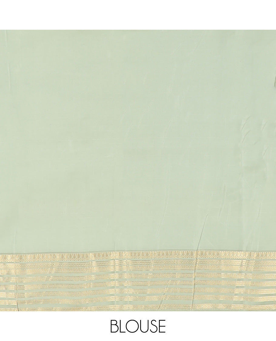 Purple meenakari kamalam buttas silk saree, contrast rettai pettu border of thilakam, neli, kathir, mayil, and yanaai designs, and intricate pallu