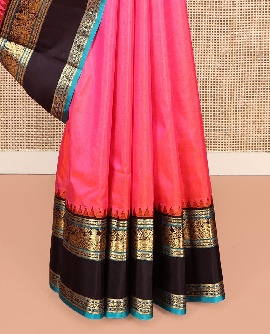Pink Vasundhara Silk Saree, Embellished with Zari Buttas, Complemented by Contrast Rettai Pettu Temple Border, Grand Paiyadi Kattam Pallu, and a Contrast Blouse