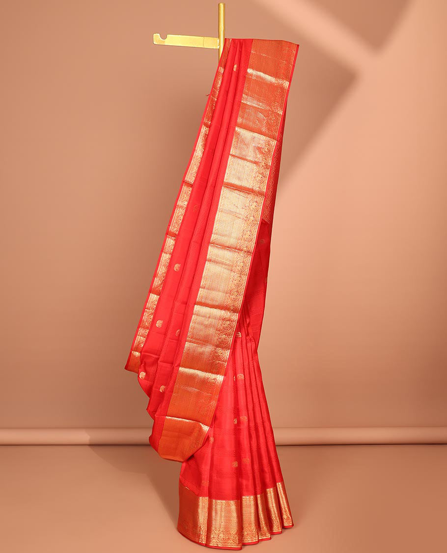 Red buttas Silk saree, traditional zari border of round yaanai design & jaal pallu