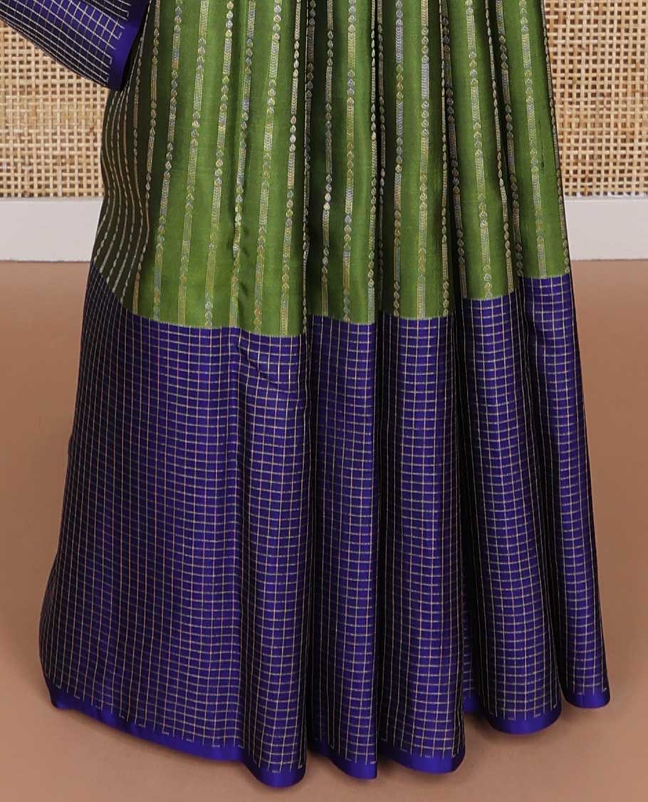 Green striped floral design silk saree with contrast checked border & argyle design pallu