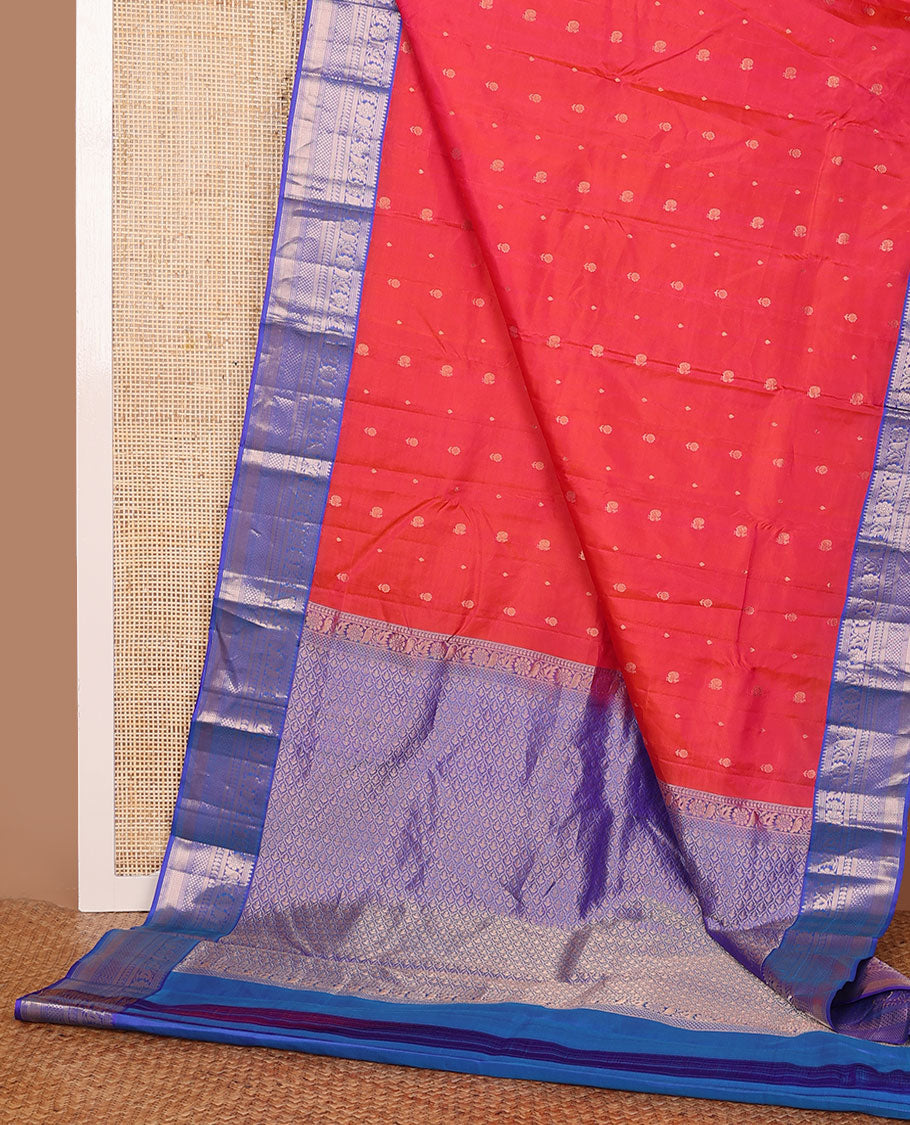 Red mayil buttas silk saree, contrast jaal pallu & border of thilakam, muthu, floral, banaras, manga, vanki & ara maadam