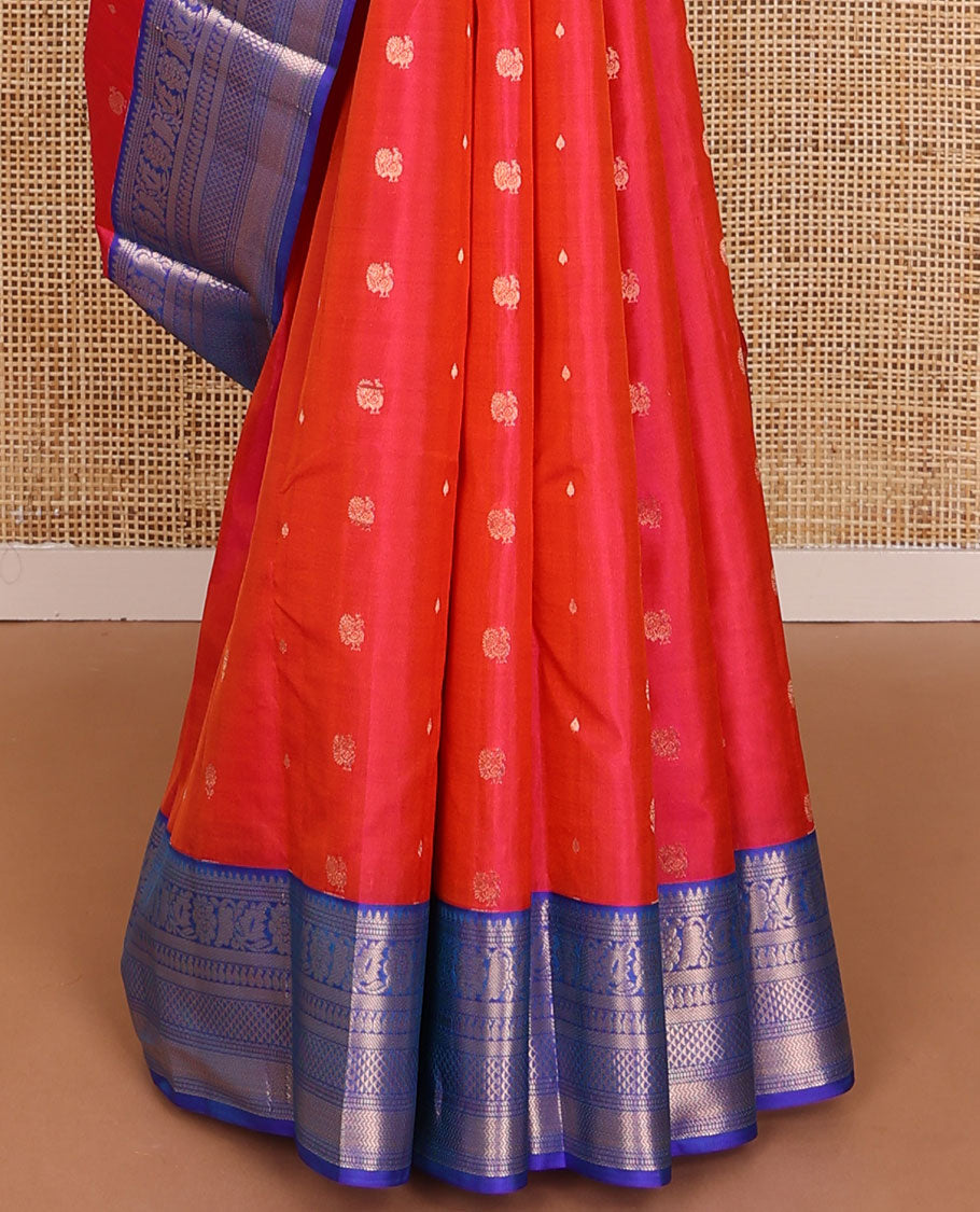 Red mayil buttas silk saree, contrast jaal pallu & border of thilakam, muthu, floral, banaras, manga, vanki & ara maadam