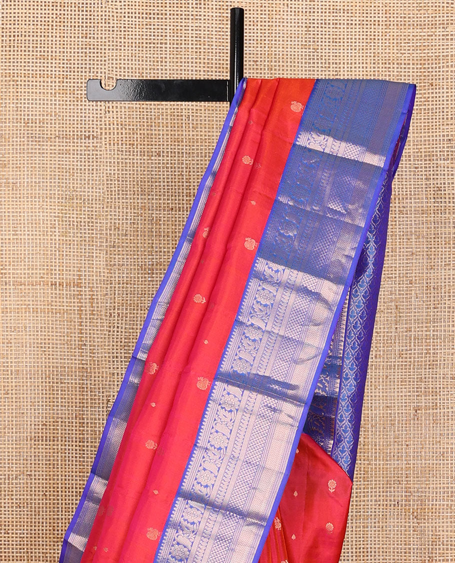 Red mayil buttas silk saree, contrast jaal pallu & border of thilakam, muthu, floral, banaras, manga, vanki & ara maadam