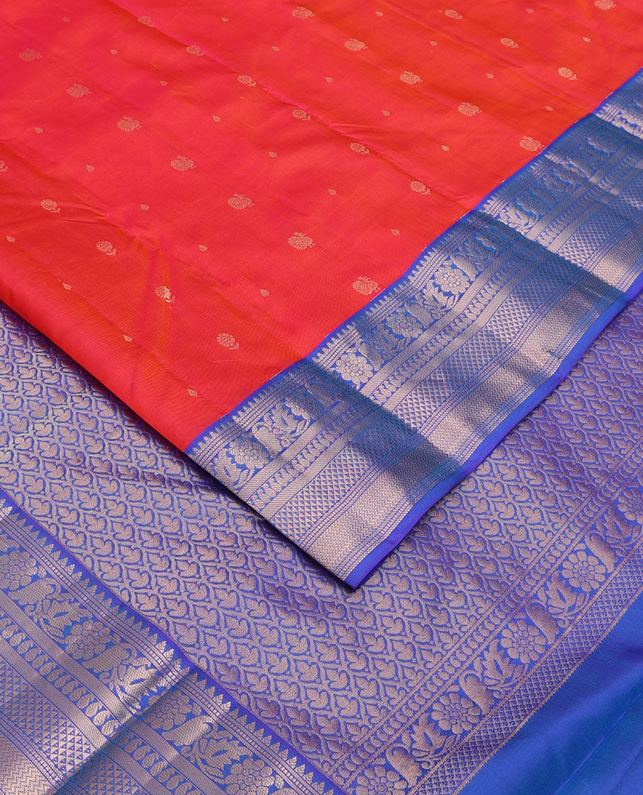 Red mayil buttas silk saree, contrast jaal pallu & border of thilakam, muthu, floral, banaras, manga, vanki & ara maadam