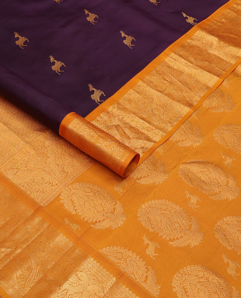Eggplant purple maan buttas silk saree, contrast pallu of jaal, manga & maan & border of thilakam mokku,muthu,rudraksham & kili