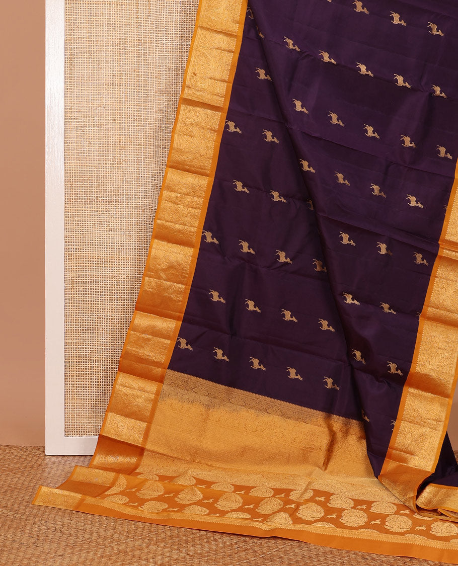 Eggplant purple maan buttas silk saree, contrast pallu of jaal, manga & maan & border of thilakam mokku,muthu,rudraksham & kili