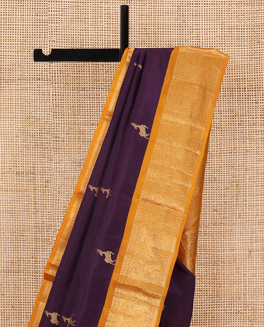 Eggplant purple maan buttas silk saree, contrast pallu of jaal, manga & maan & border of thilakam mokku,muthu,rudraksham & kili