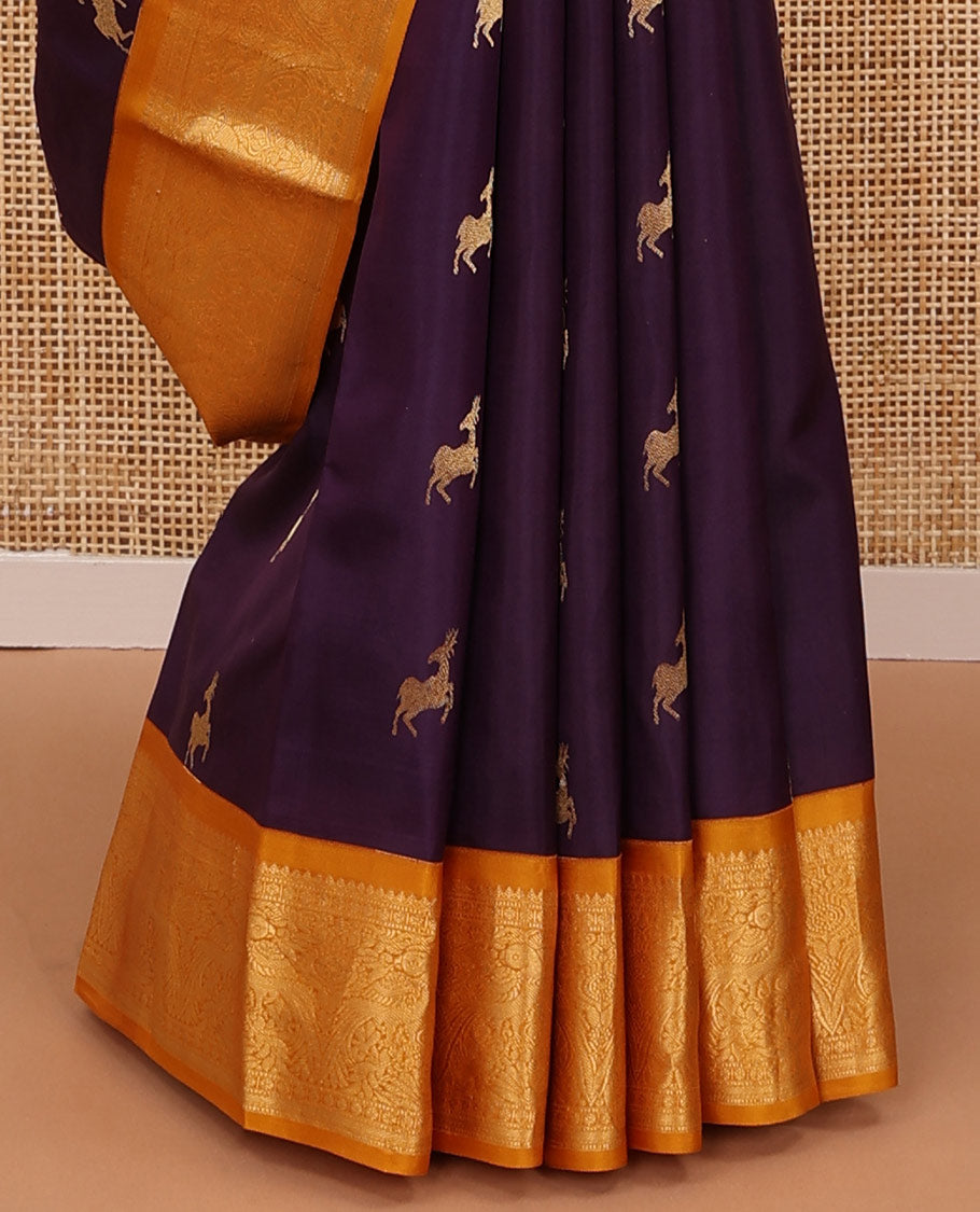 Eggplant purple maan buttas silk saree, contrast pallu of jaal, manga & maan & border of thilakam mokku,muthu,rudraksham & kili