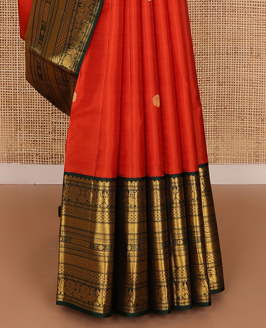 Orange zari buttas silk saree, contrast jaal pallu & border of rekku,banaras,mayil,paiyaadi kattam & kamalam designs