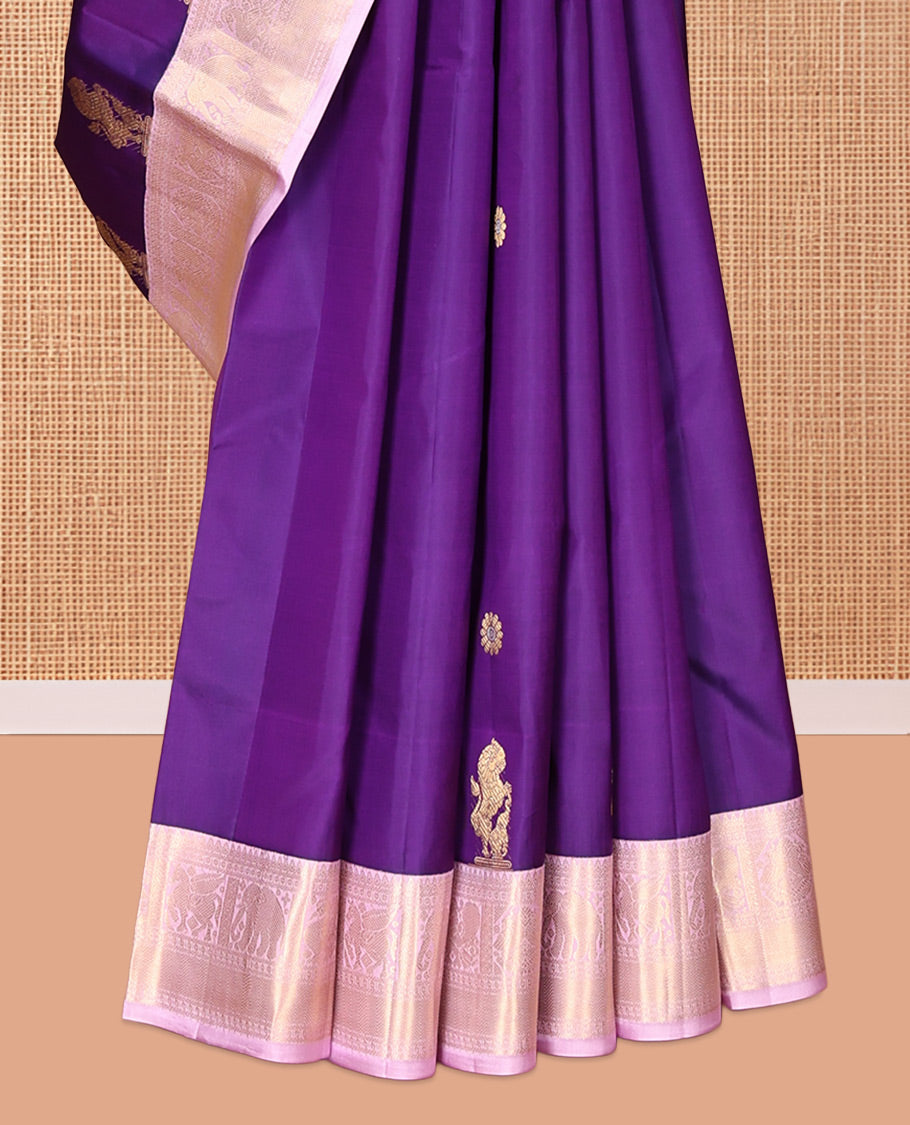 Violet Vasundhara Silk Saree, Elevated with Zari Buttas, Contrast Border of Thilakam, Mayil, Yaanai, and Kuthirai Designs, Grand Pallu, and Contrast Blouse