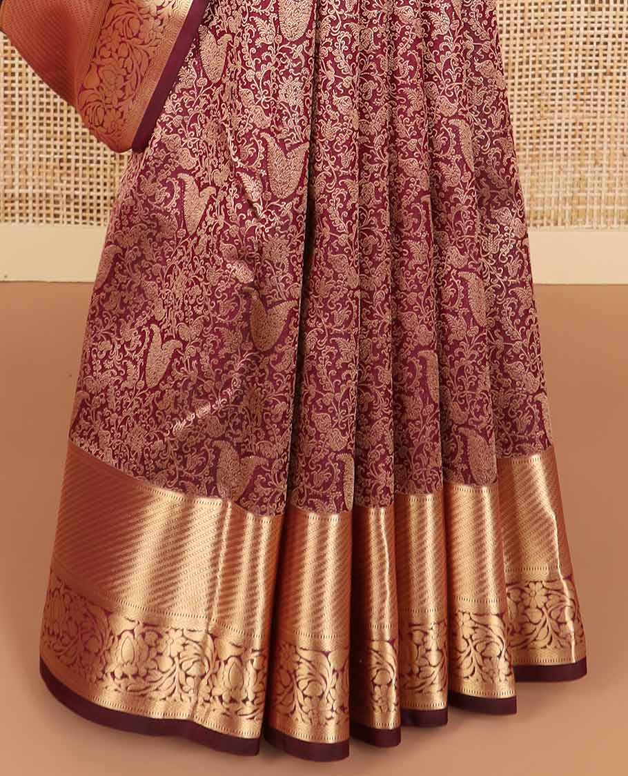 Moroon floral jacqaurd kancheepuram silk saree with self border of muthu, banaras, floral design & zari design pallu