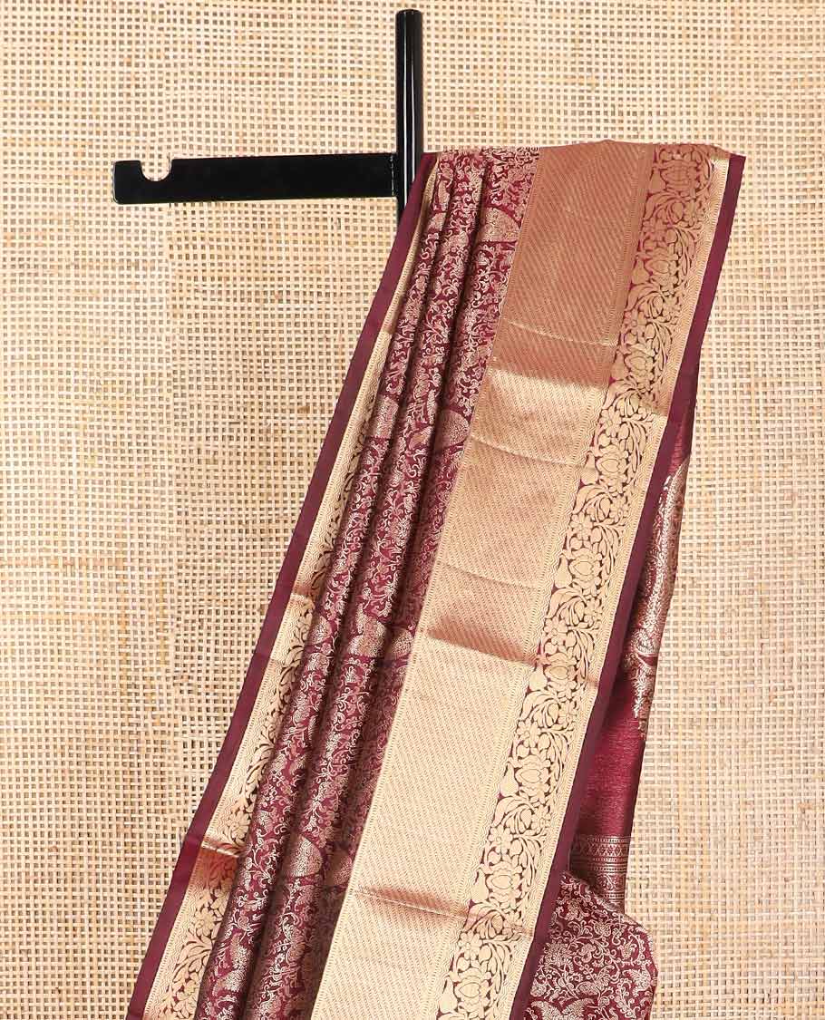 Moroon floral jacqaurd kancheepuram silk saree with self border of muthu, banaras, floral design & zari design pallu