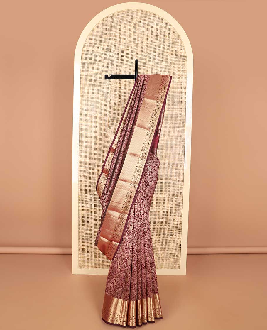 Moroon floral jacqaurd kancheepuram silk saree with self border of muthu, banaras, floral design & zari design pallu