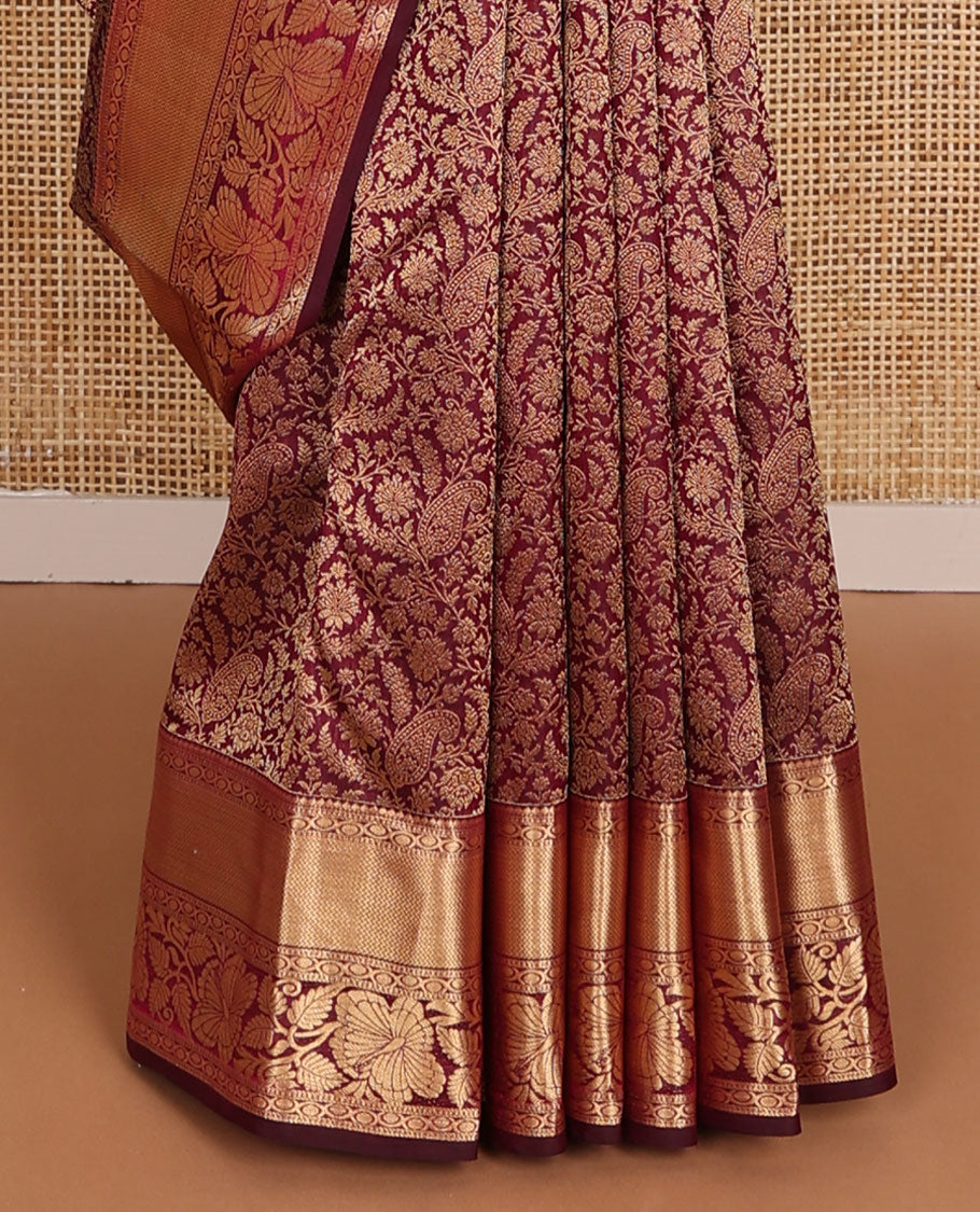 Maroon floral-paisley jaal jacquard wedding silk saree, intricate pallu & zari border of rekku, poun, vanki & kodi visiry design