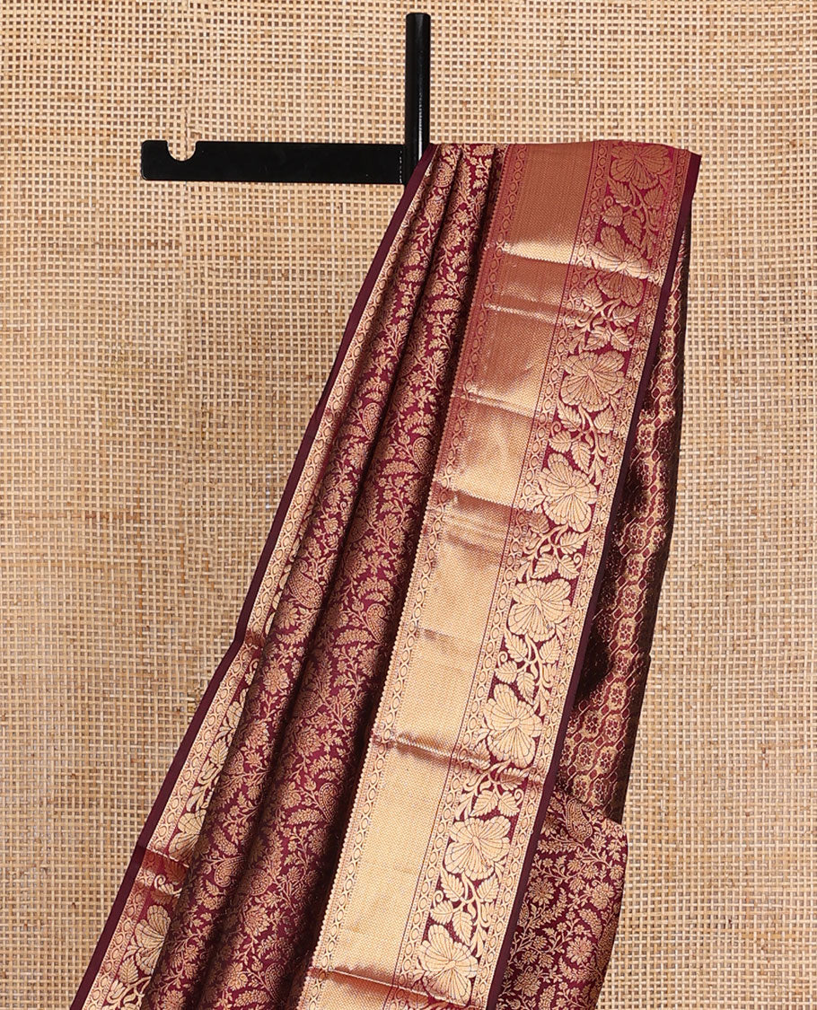 Maroon floral-paisley jaal jacquard wedding silk saree, intricate pallu & zari border of rekku, poun, vanki & kodi visiry design
