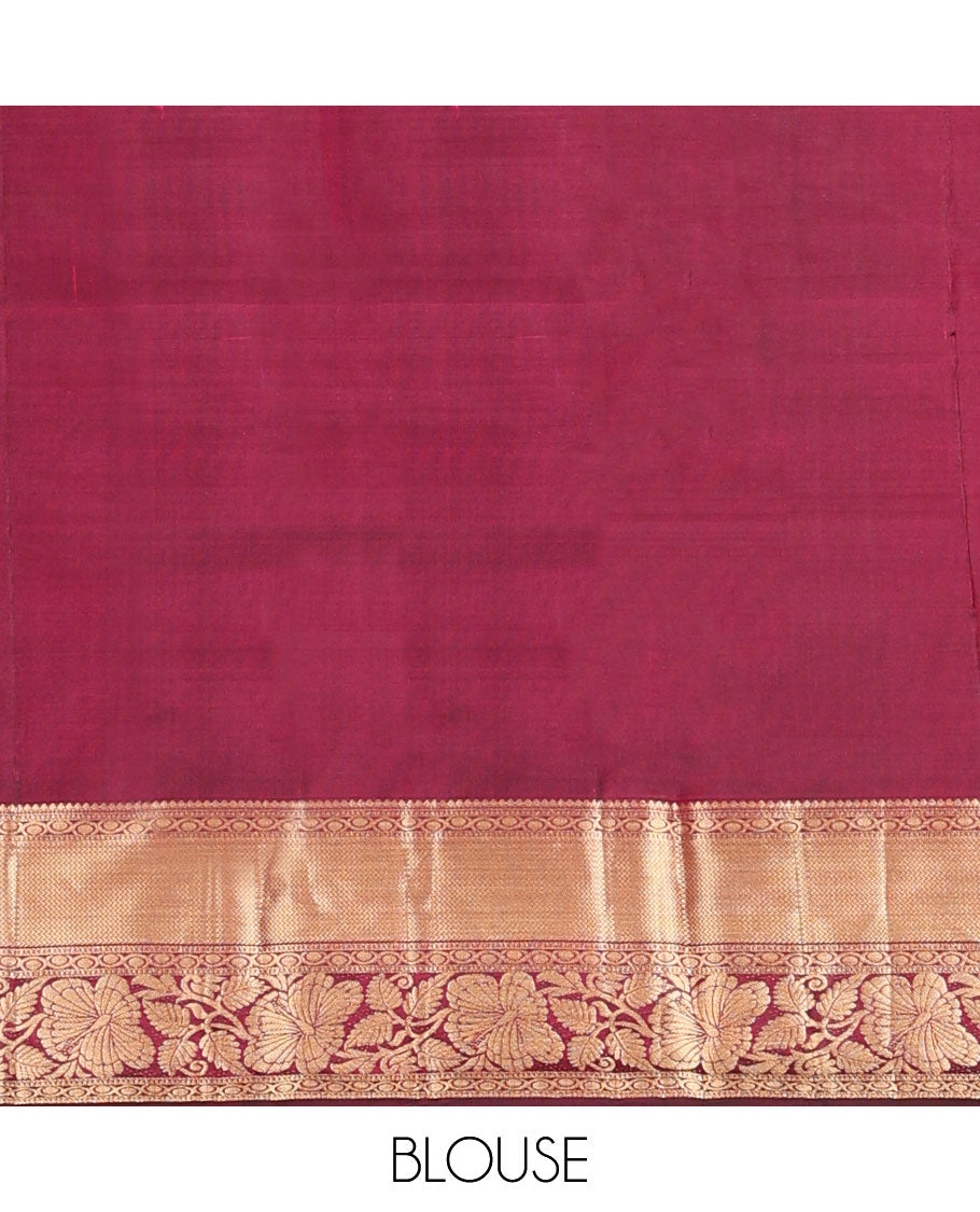 Maroon floral-paisley jaal jacquard wedding silk saree, intricate pallu & zari border of rekku, poun, vanki & kodi visiry design
