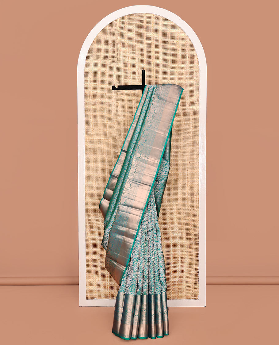 Blue Kanchipuram Wedding Silk Saree, Enriched with Jacquard Design on Its Body, Highlighted by Zari Border of Thilakam Mokku, Mayil Kann, Kathir, and Dhavana Kodi Designs, Grand Pallu, and Paired with a Matching Blouse