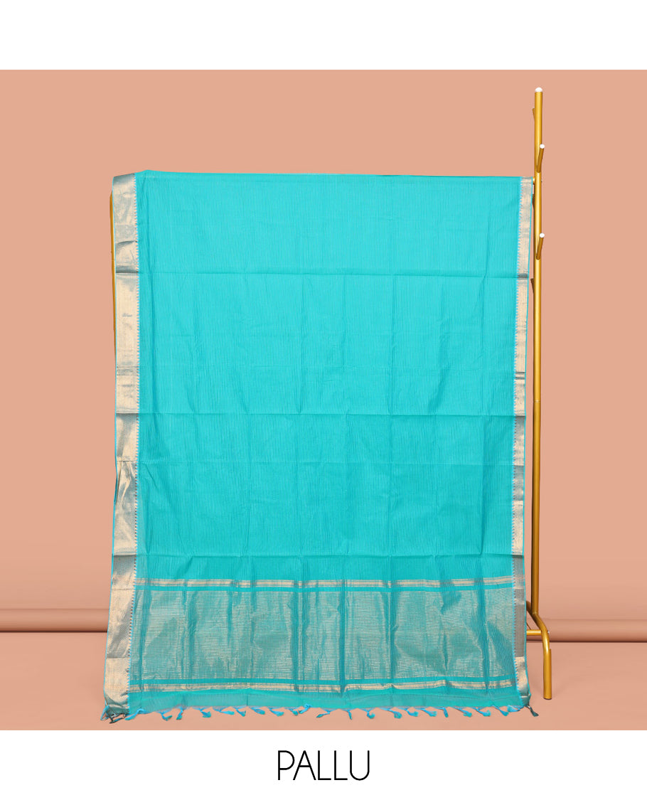 Turquoise Sparsely Striped Mangalgiri Cotton Saree, Highlighted by a Zari Border, Gleaming Zari-Striped Pallu, and Paired with a Matching Blouse Blouse