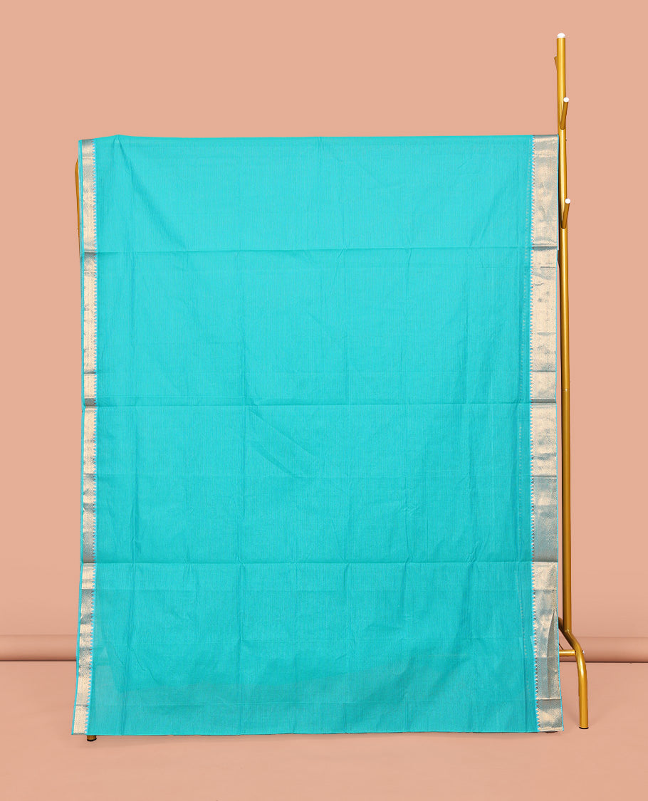 Turquoise Sparsely Striped Mangalgiri Cotton Saree, Highlighted by a Zari Border, Gleaming Zari-Striped Pallu, and Paired with a Matching Blouse Blouse