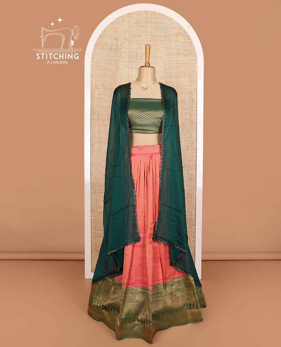 Red art silk half-saree, brocade with contrast traditional border skirt, contrast brocade blouse, scallop stone work dhavani, and detachable belt