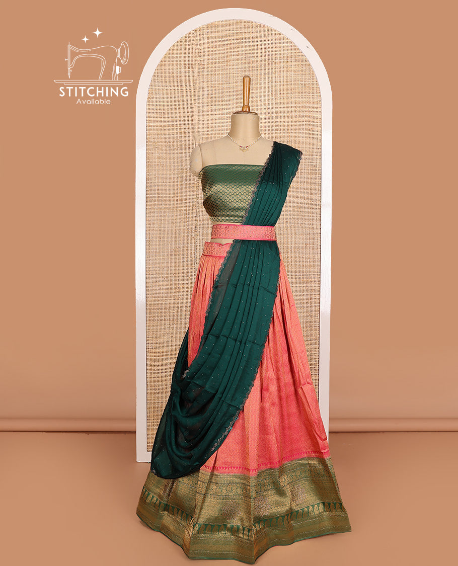 Red art silk half-saree, brocade with contrast traditional border skirt, contrast brocade blouse, scallop stone work dhavani, and detachable belt
