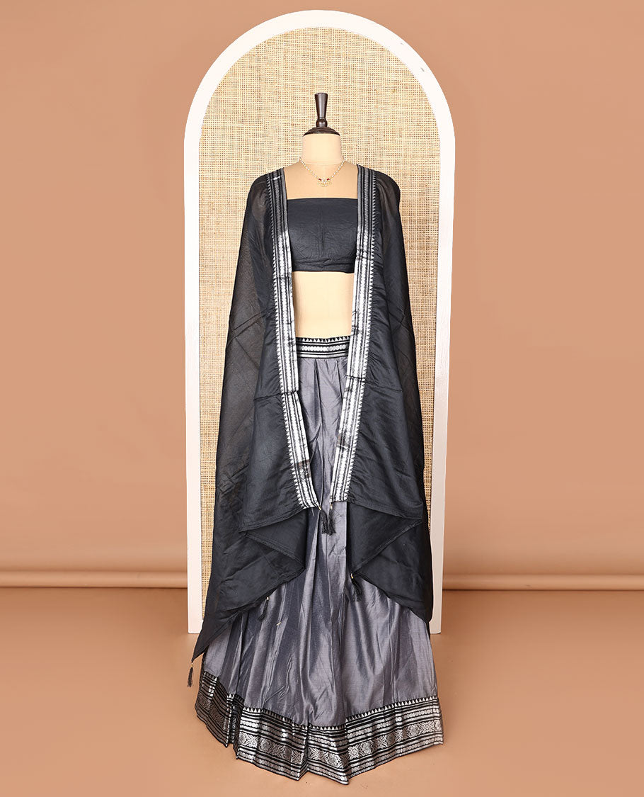 Grey art-silk half-saree, plain with contrast traditional design bordered skirt, contrast blouse, and plain zari bordered dhavani