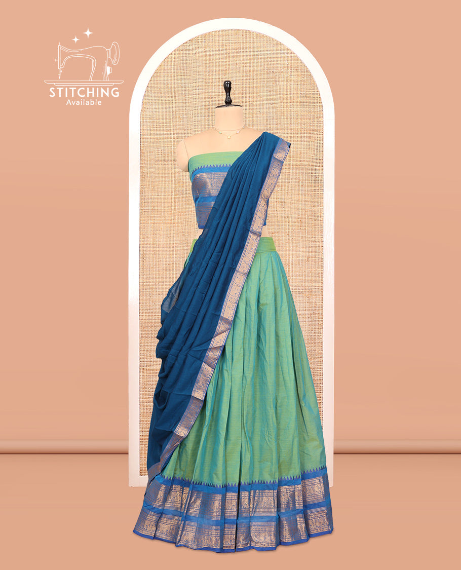 Aqua Cotton Half-Saree Features Plain Skirt, a Contrast Traditional Zari Temple Border, a Matching Blouse, and a Contrast Dhavani