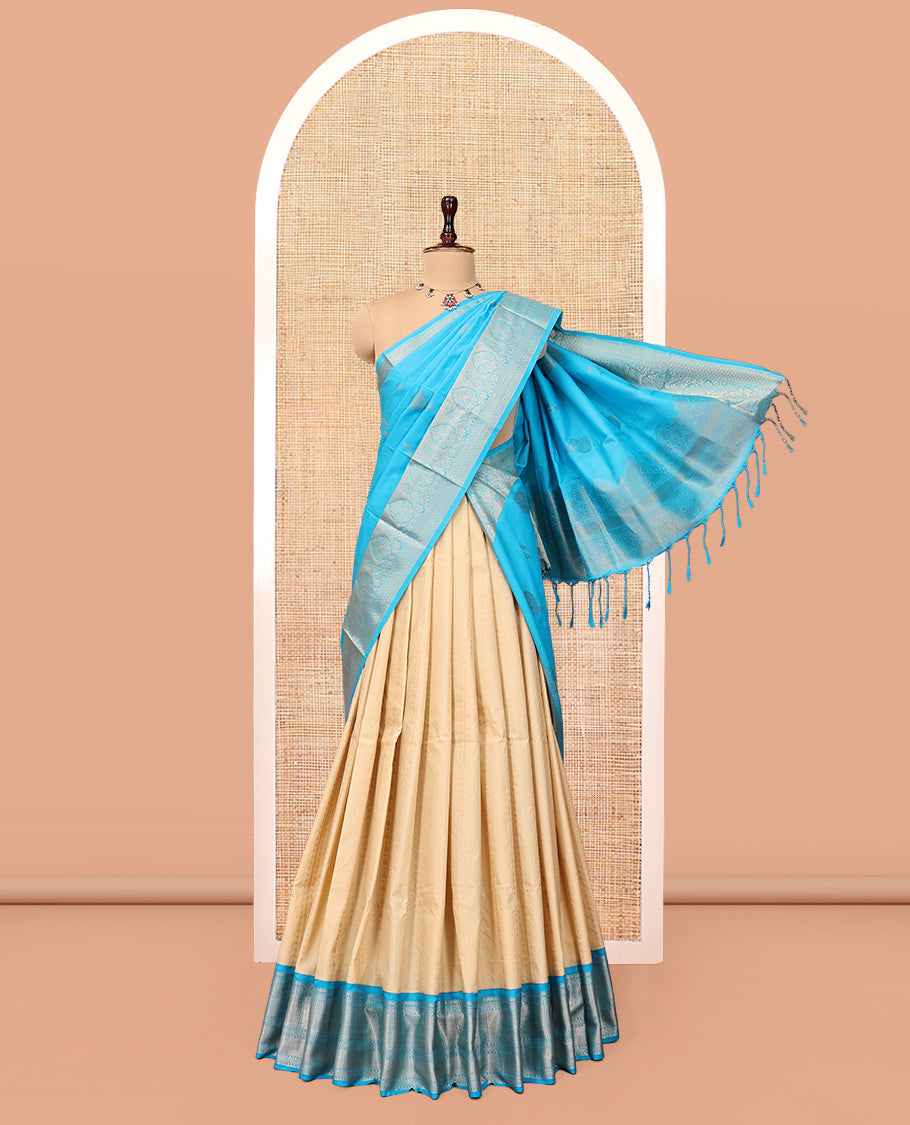 Sandal Art Silk Half-Saree Pavadai Material Features Sparsely Woven Skirt, a Contrast Traditional Border, Contrast Blouse, and Scallop Embroidered Dhavani