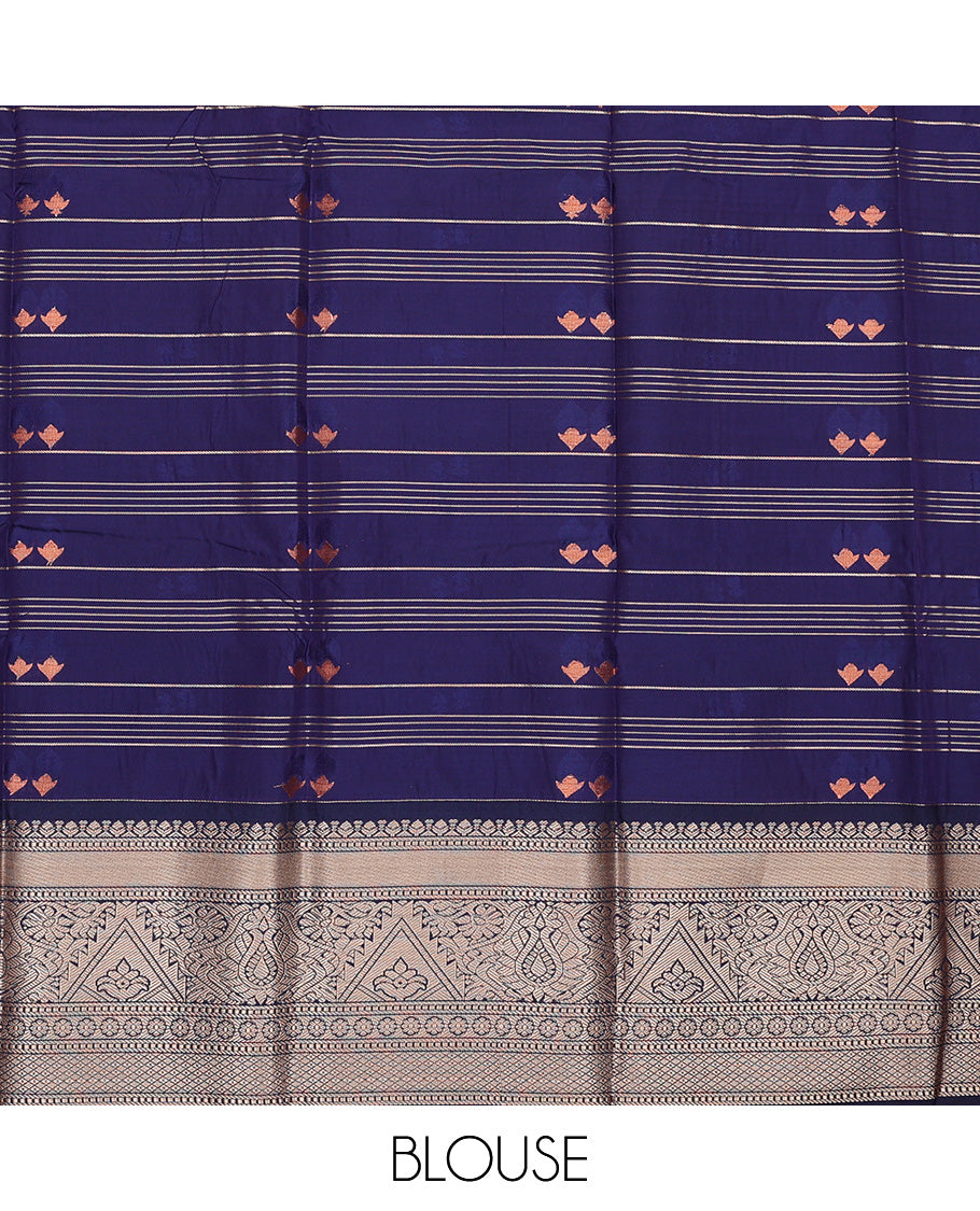 Rani pink art silk pavadai set, zari design with contrast traditional zari bordered skirt and a contrast zari design blouse