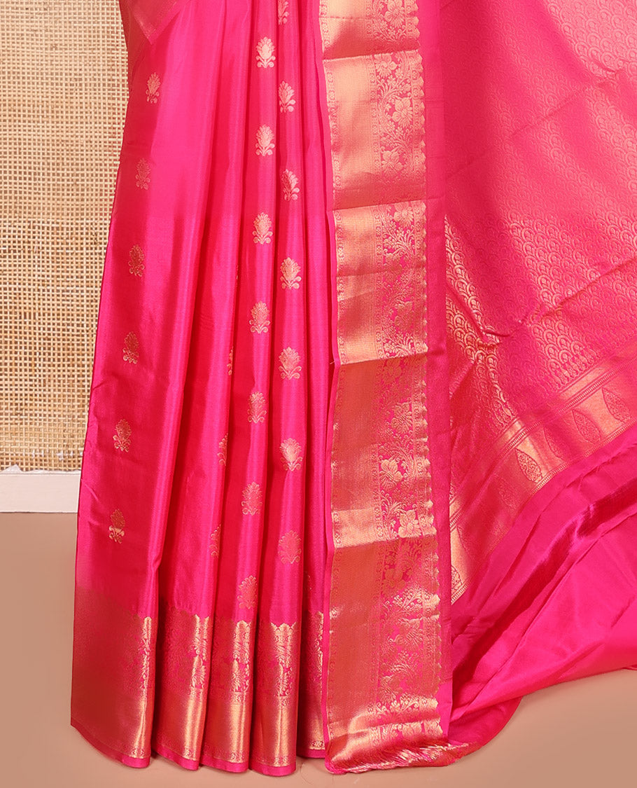Pink Budget Silk Saree Enthralled with Zari Buttas All Over Its Body, Highlighted by a Zari Traditional Border of Floral Creeper Designs, Grand Pallu of Scallop Designs, and Paired with a Matching Blouse