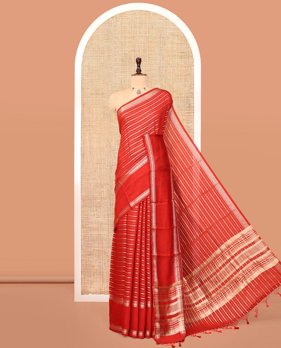 Red Assam Silk Saree, Detailed with Zari Stripes, Highlighted by a Traditional Border, Zari Striped Pallu, and a Matching Blouse