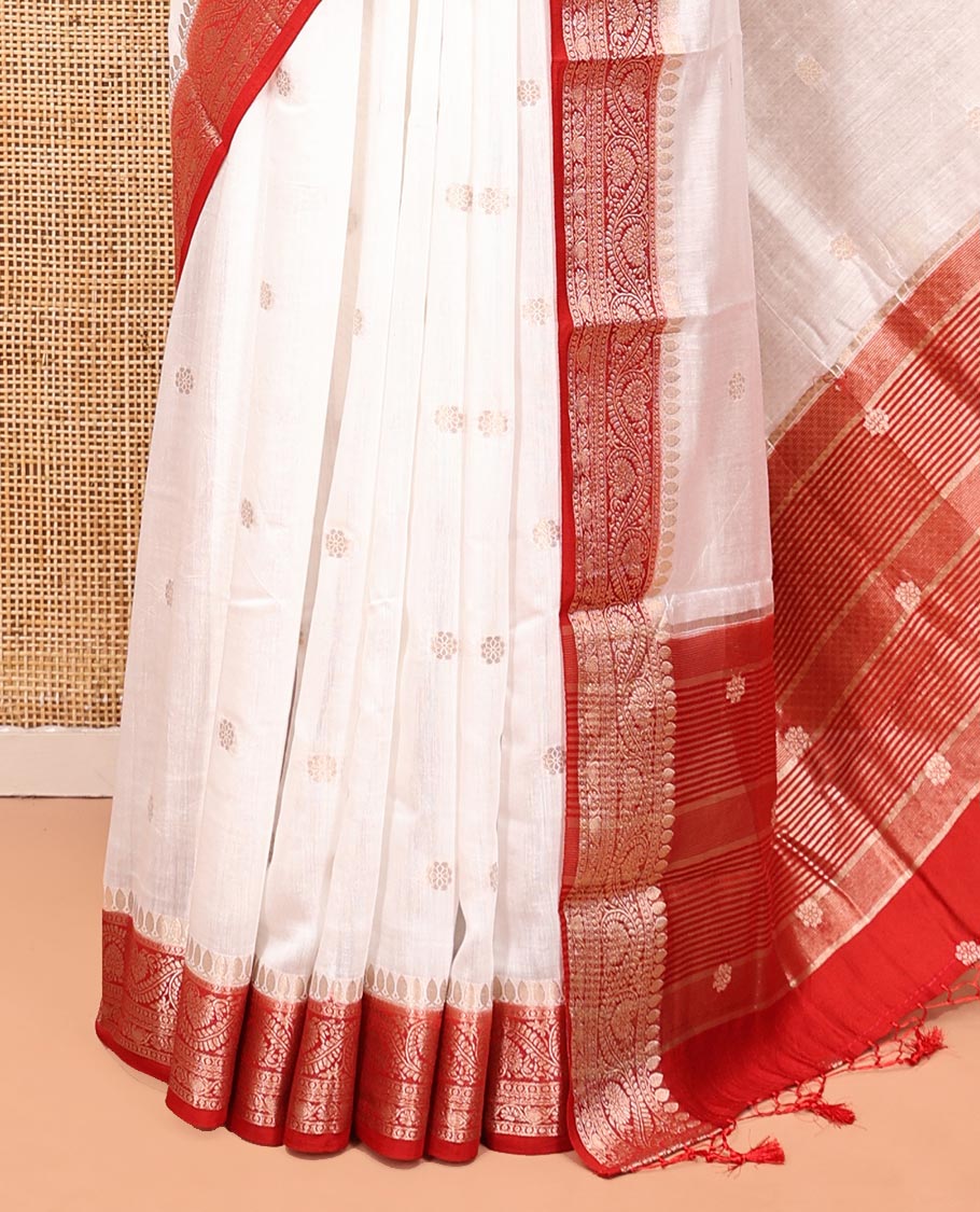 White Assam Silk Saree, Enthralled with Buttas, Complemented by Contrast Floral Design Border, Zari-Design Pallu, and a Contrast Blouse