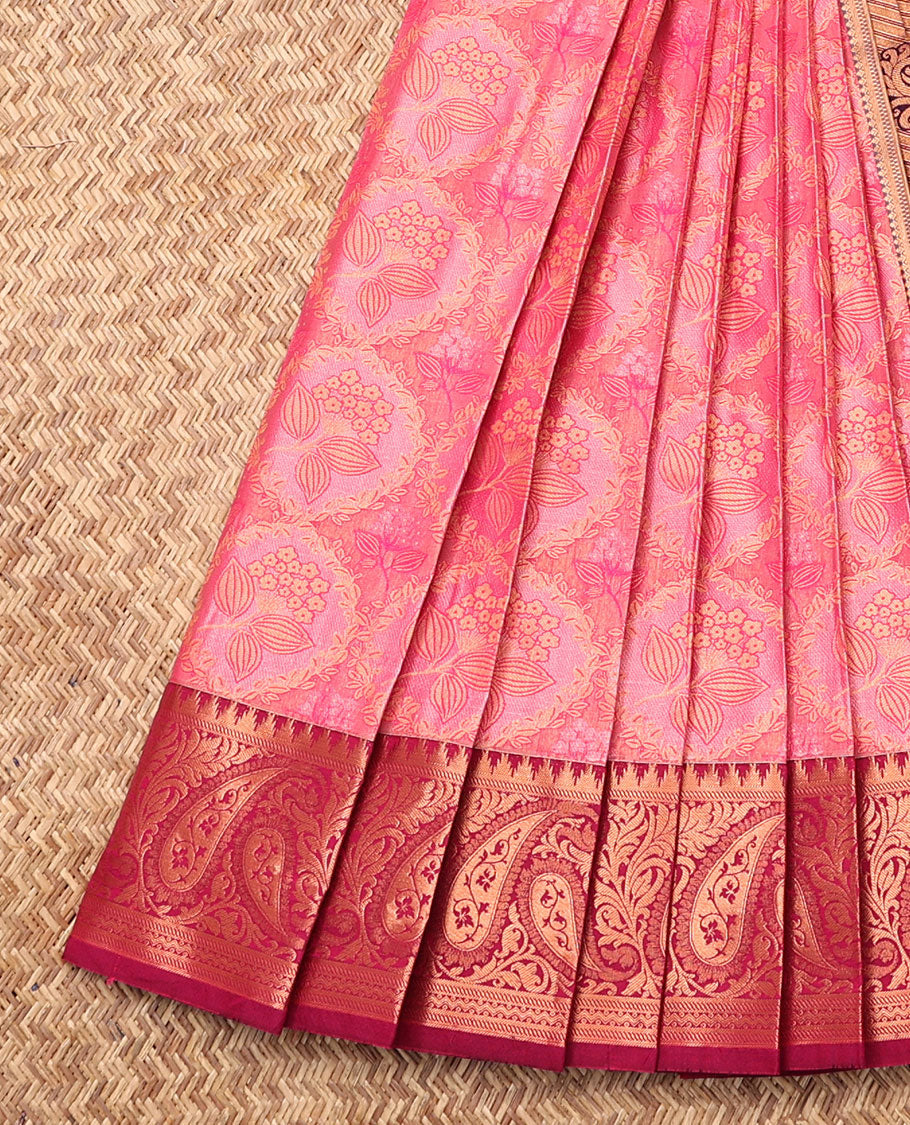 Pink Budget Silk Saree, Embellished with Jacquard, Complemented by Contrast Paisley Zari Border, Intricate Pallu, and a Contrast Blouse