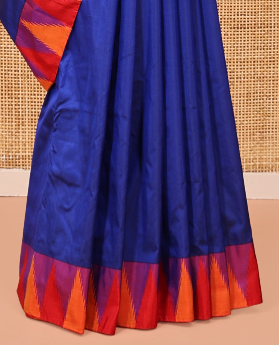 Blue Plain Bangalore Silk Saree, Complemented by a Contrast Temple Border, Pallu of Stripes, and a Contrast Blouse