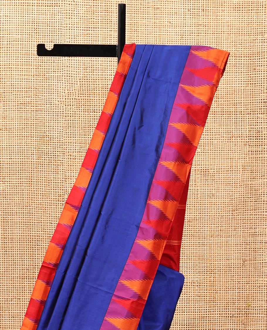Blue Plain Bangalore Silk Saree, Complemented by a Contrast Temple Border, Pallu of Stripes, and a Contrast Blouse