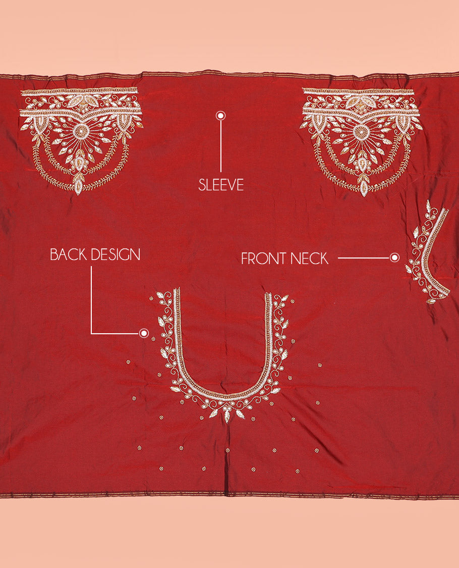 Red Aari Material Blouse Highlighted with Intricate Design in Bead and Zarkan Stone Mixed Embroidery