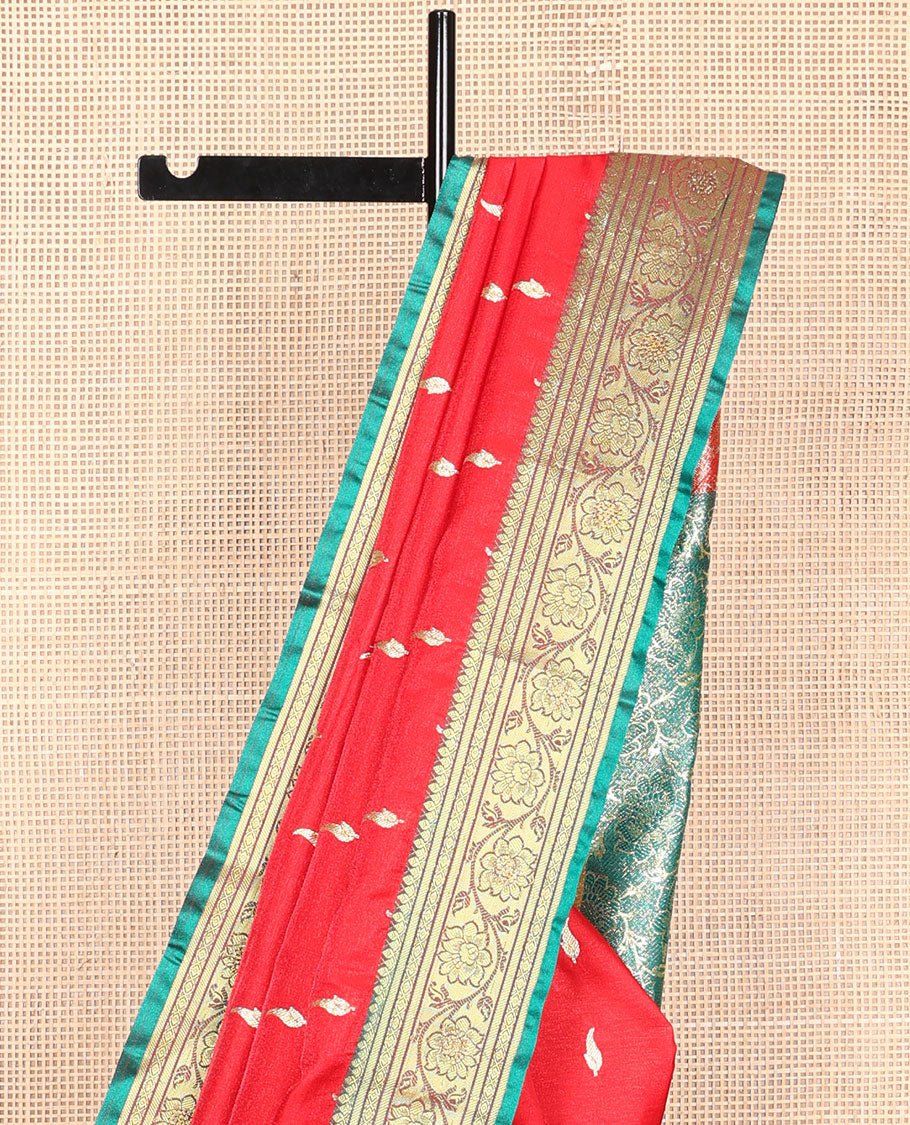 Red buttas semi banaras nylon with contrast floral design border & floral jaal design pallu