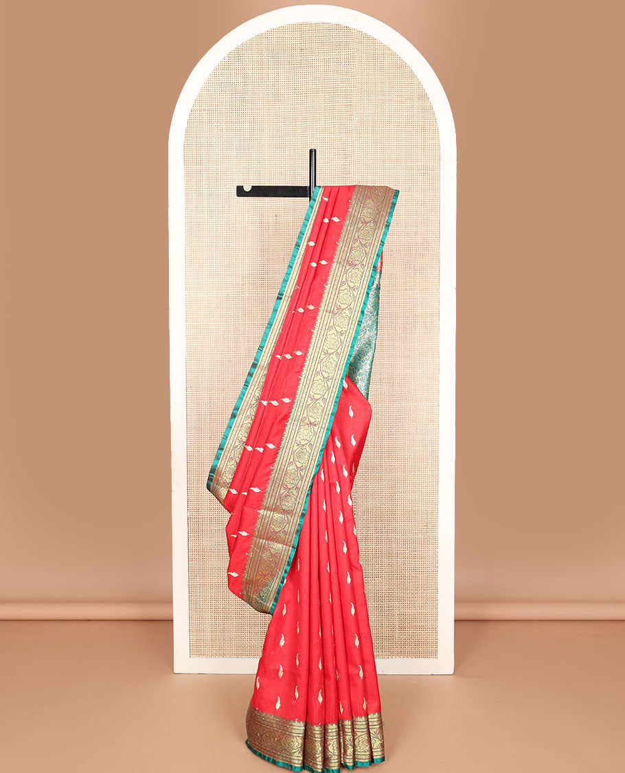 Red buttas semi banaras nylon with contrast floral design border & floral jaal design pallu