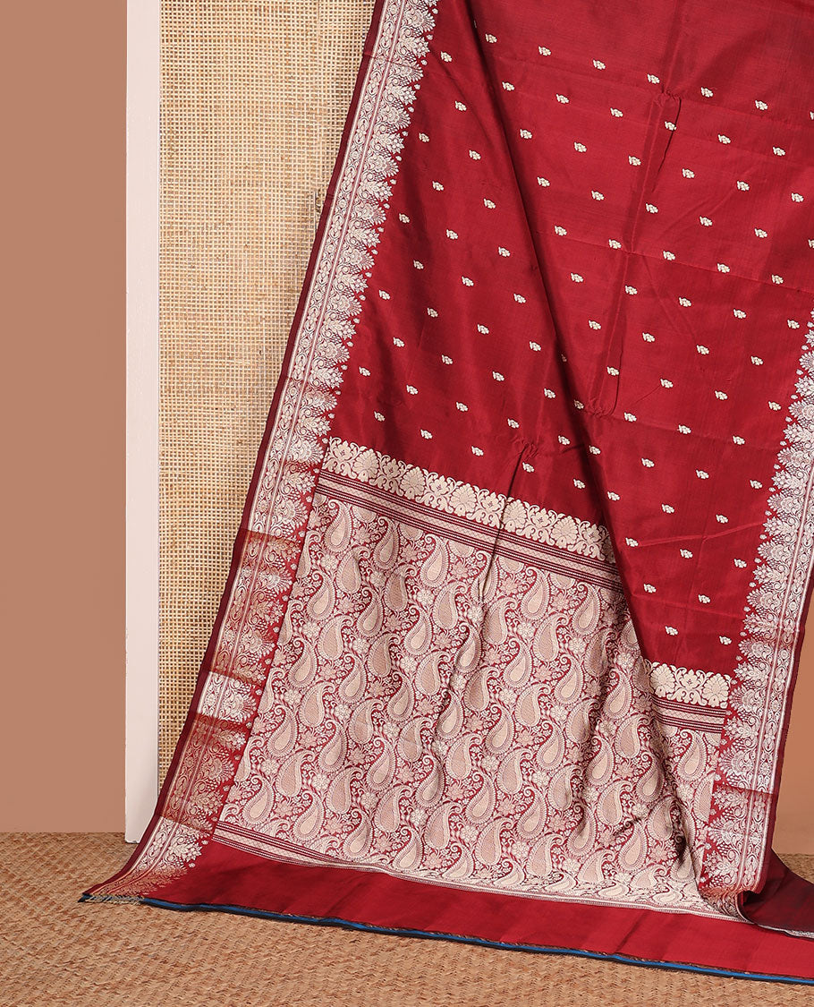 Red buttas kathan silk saree, floral zari border, and paisley vine design pallu