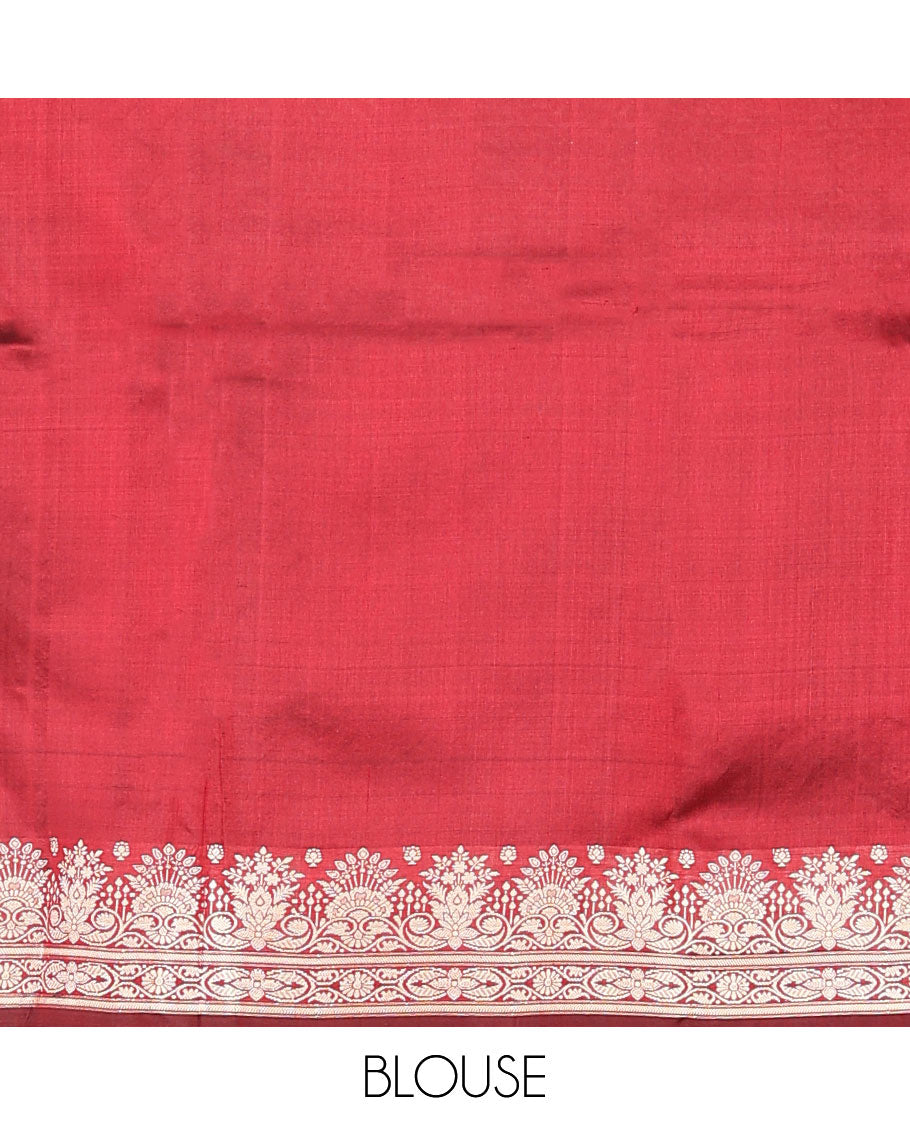 Red buttas kathan silk saree, floral zari border, and paisley vine design pallu