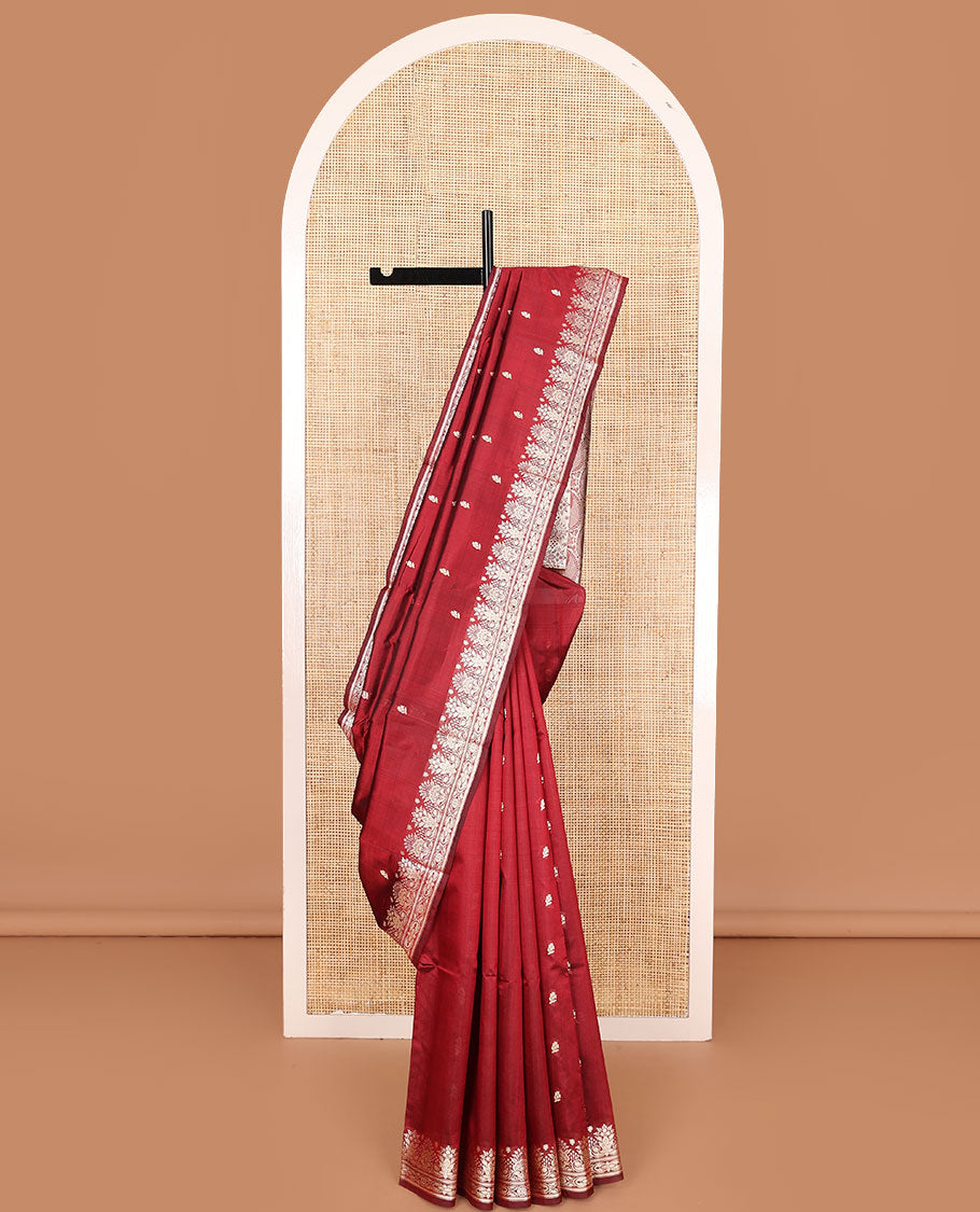 Red buttas kathan silk saree, floral zari border, and paisley vine design pallu