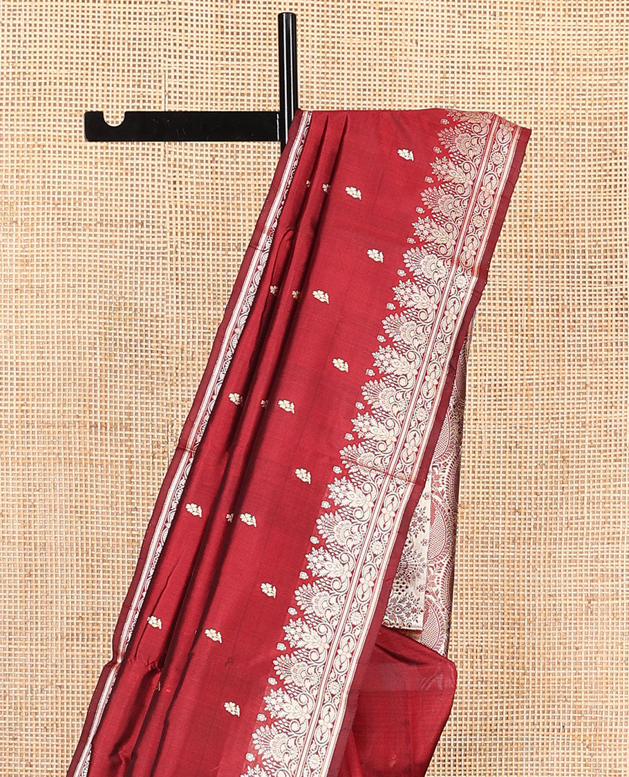 Red buttas kathan silk saree, floral zari border, and paisley vine design pallu