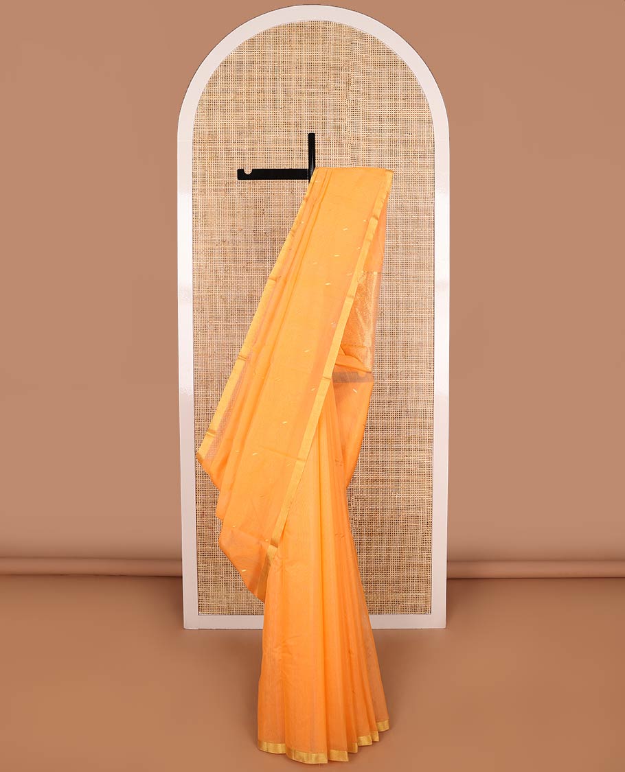 Orange motifs chanderi cotton saree with contrast border & striped pallu
