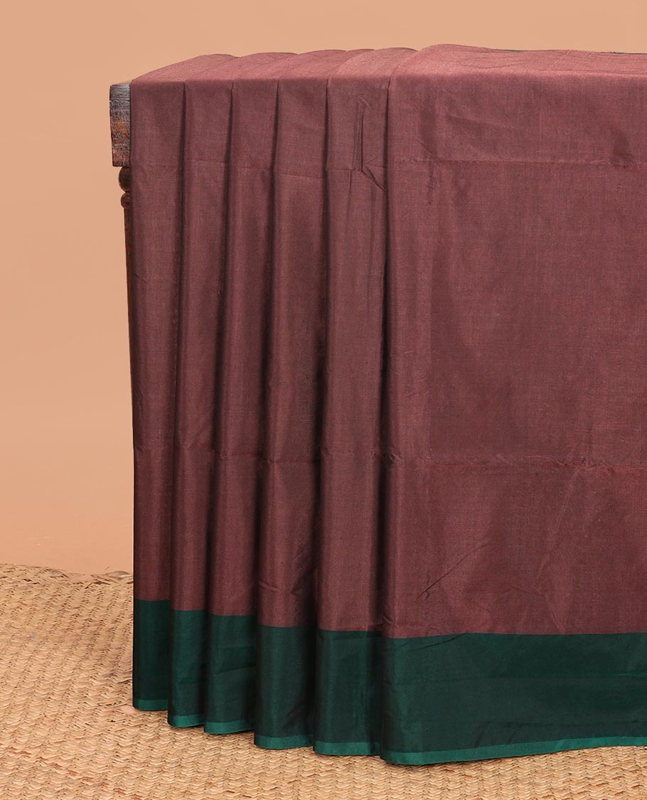 Brown plain semi-silk cotton saree, contrast plain border, and pallu