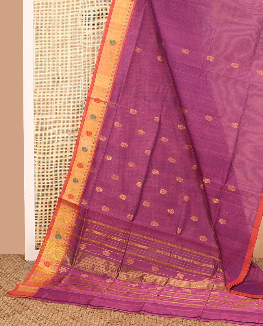 Magenta zari buttas Venkatagiri cotton saree with contrast zari and thread border, and pallu of zari stripes