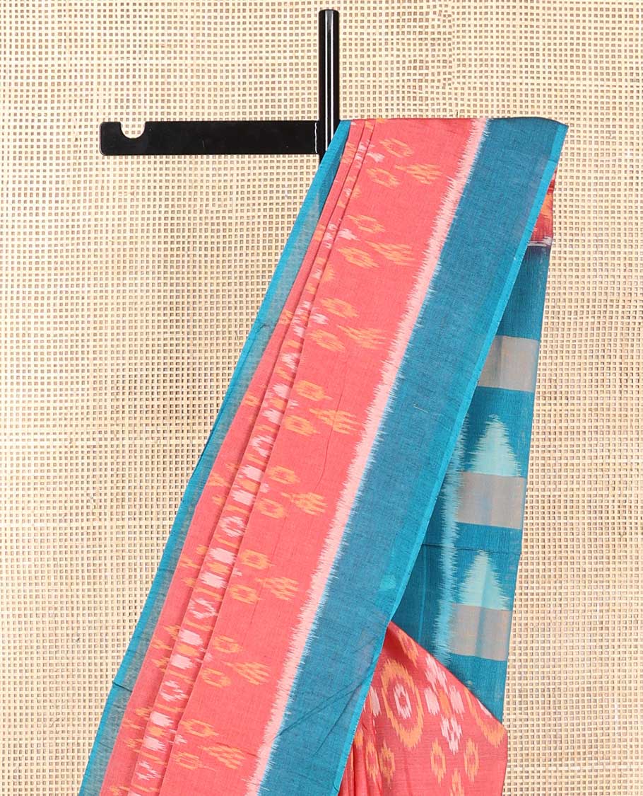 Red floral design ikkat cotton saree with contrast border & geometric design pallu