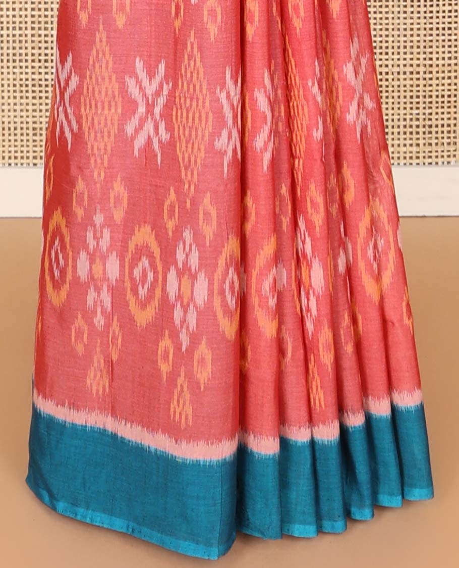 Red floral design ikkat cotton saree with contrast border & geometric design pallu