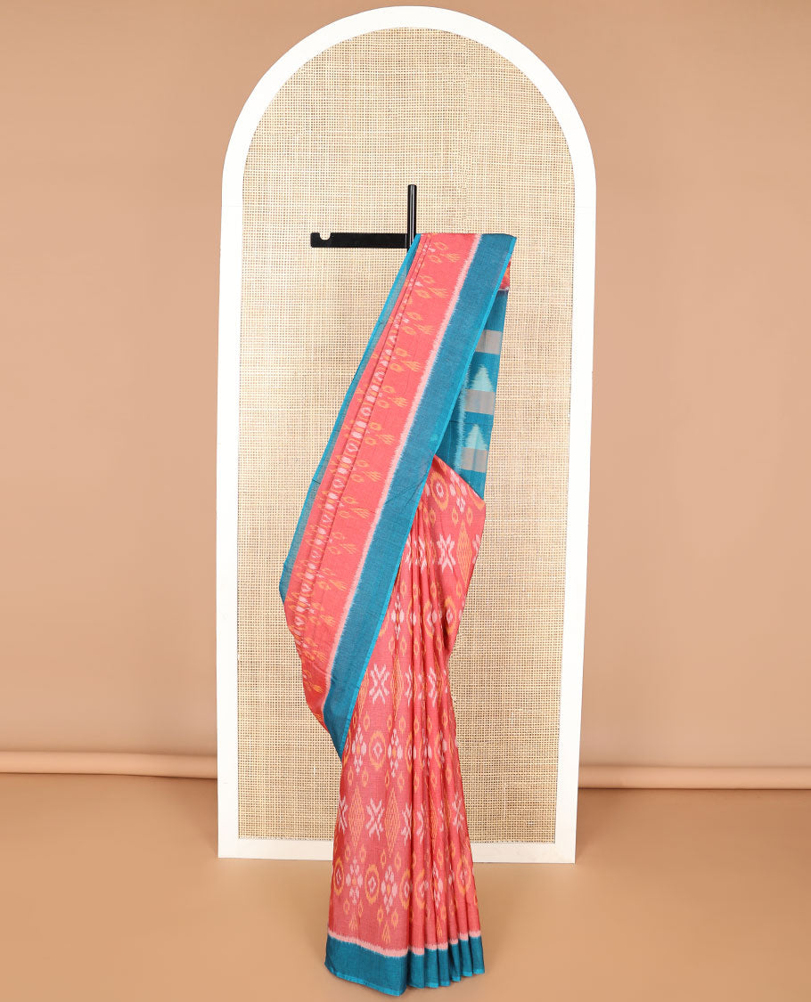 Red floral design ikkat cotton saree with contrast border & geometric design pallu