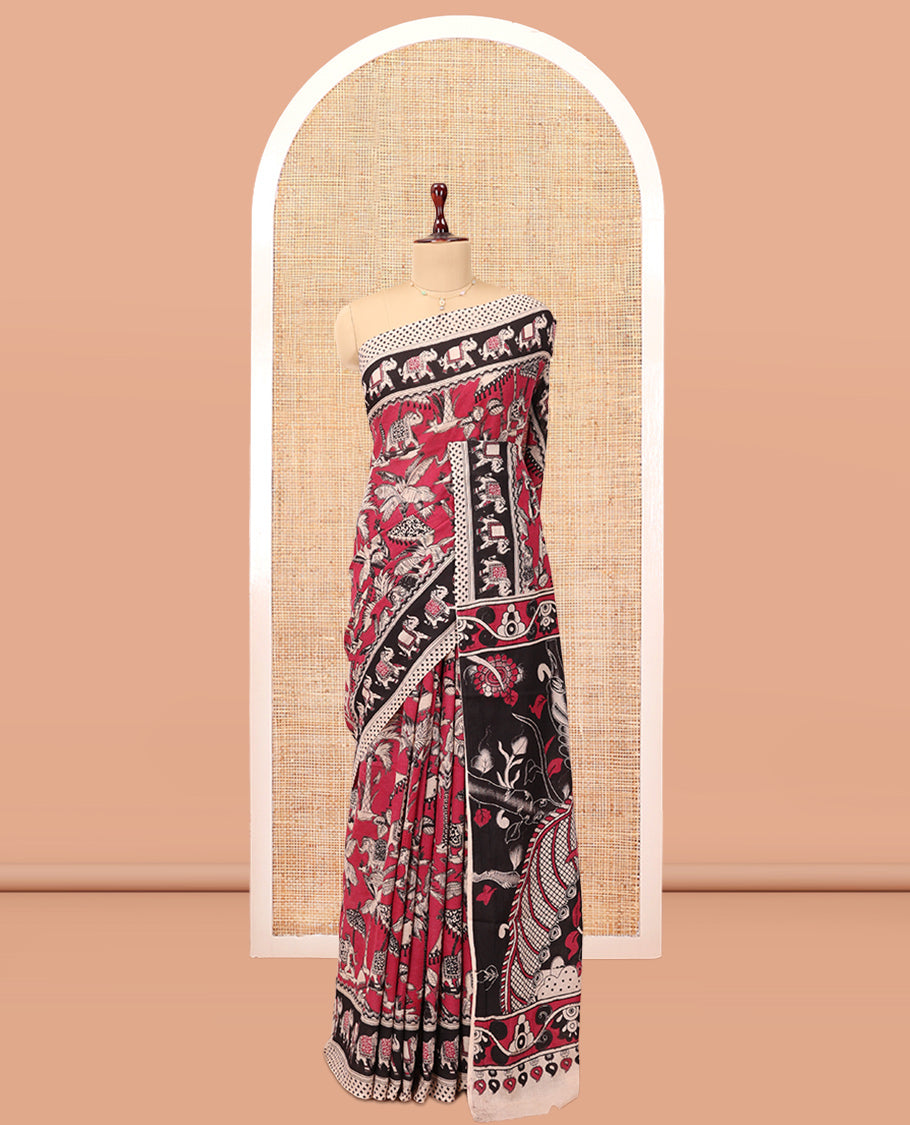 Red Kalamkari Cotton Saree, Graced with Floral Vine Print, Contrast Printed Border, Pallu of Kalamkari Peacock-Animal Motifs , and a Contrast Blouse