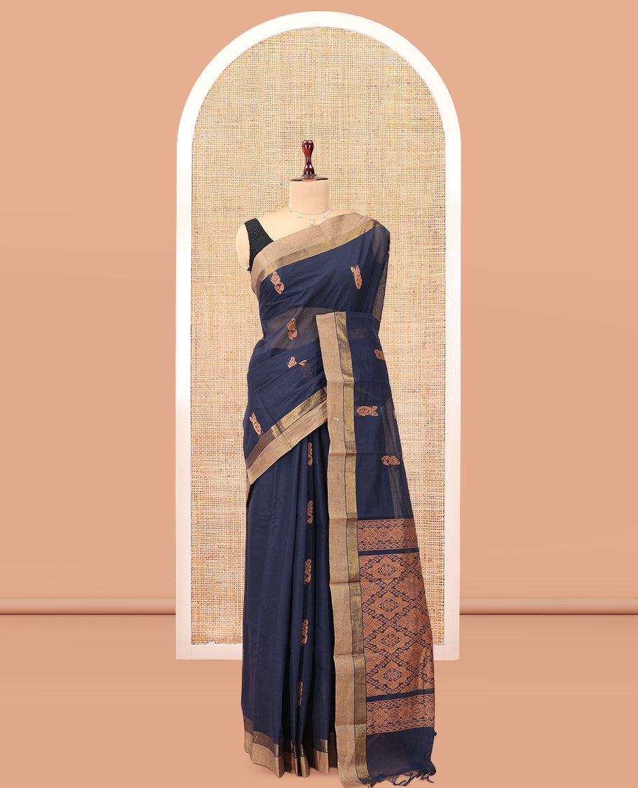 Navy Blue Kanchi Cotton Saree, Woven with Thread Buttas, a Contrast Border, Pallu of Intricate Design, and a Matching Blouse
